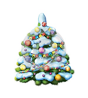 Decorated Christmass tree. Snow covered tree