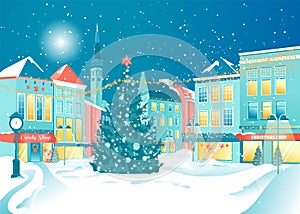 Decorated City Street and Christmas Tree on Square