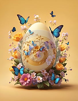 Decorated colorful Easter egg and flowers spring arrangement with butterflies