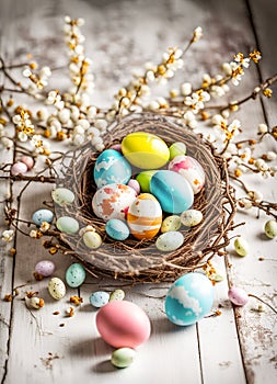 Decorated colorful Easter eggs and catkins spring arrangement on old table