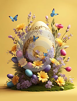 Decorated colorful Easter eggs and flowers arrangement with butterflies