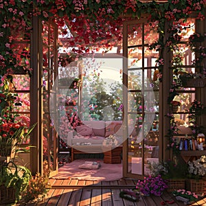 Decorated with colorful pink red flowers exit to the terrace, wooden house glass, door windows. Flowering flowers, a symbol of
