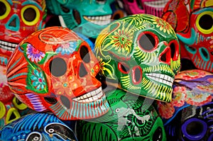 Decorated colorful skulls at market, day of dead, Mexico