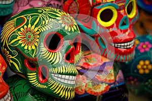 Decorated colorful skulls at market, day of dead, Mexico