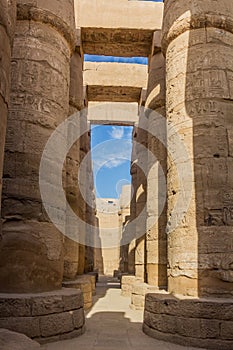 Decorated columns of the Great Hypostyle Hall in the Amun Temple enclosure in Karnak, Egy