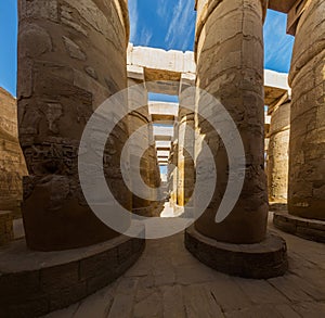 Decorated columns of the Great Hypostyle Hall in the Amun Temple enclosure in Karnak, Egy