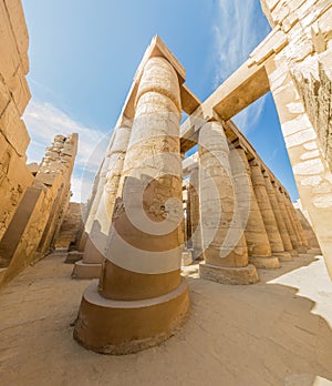 Decorated columns of the Great Hypostyle Hall in the Amun Temple enclosure in Karnak, Egy
