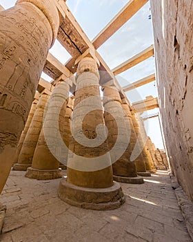 Decorated columns of the Great Hypostyle Hall in the Amun Temple enclosure in Karnak, Egy