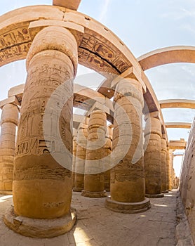 Decorated columns of the Great Hypostyle Hall in the Amun Temple enclosure in Karnak, Egy