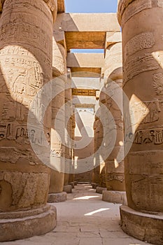 Decorated columns of the Great Hypostyle Hall in the Amun Temple enclosure in Karnak, Egy