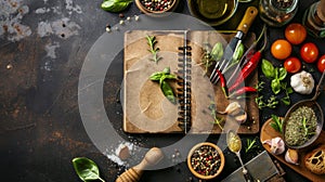 Decorated composition of recipe book and ingredients on wooden background