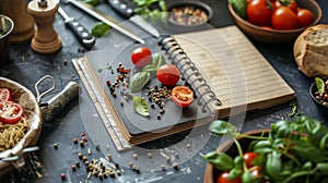 Decorated composition of recipe book and ingredients on wooden background
