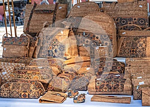 Decorated cork covered handbags, Vila Nova de Gaia, Portugal.