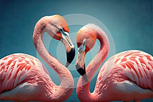 Decorated with couple of pink flamingo birds making a heart with their heads. Image to use as Valentine card. Generative AI