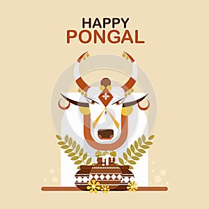 Decorated cow head with boiled rice in earthen pots. Concept of \'Pongal\' festival