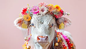 Decorated Cows Celebrating Swiss Spring Festival. Cow Appreciation Day. Swiss traditional cow parade
