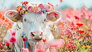 Decorated Cows Celebrating Swiss Spring Festival. Cow Appreciation Day. Swiss traditional cow parade