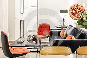 Decorated detail of living room with black marble