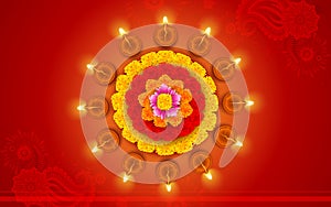 Decorated Diwali Diya on Flower Rangoli