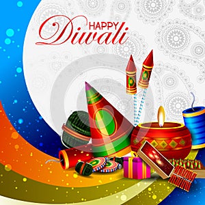 Decorated diya with cracker for Happy Diwali holiday background