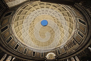 Decorated dome example of Greek and Roman architecture. Cupola with a hole inside an old chapel of a Roman Doric peripteral temple
