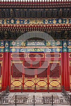 Decorated door into hall at Forbidden City, Beijing.