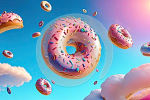 decorated doughnuts in motion falling on blue background. Sweet and colourful doughnuts, ai generative