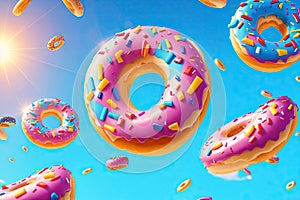 decorated doughnuts in motion falling on blue background. Sweet and colourful doughnuts, ai generative