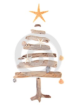 Decorated driftwood Christmas tree