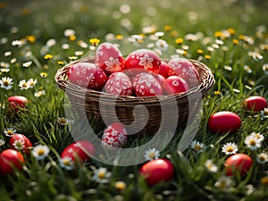 decorated dyed easter eggs in wicker basket spring landscape with flowers and green grass