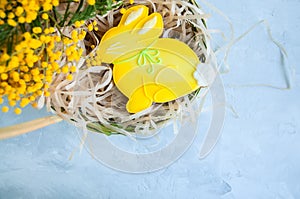 Decorated Easter Bunny Cookie in a green basket Willow on a whit
