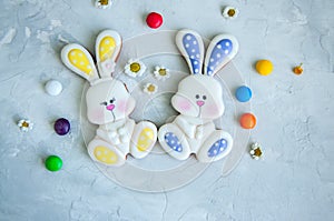 Decorated Easter Bunny Cookies Colorful Candies Camomiles on a w