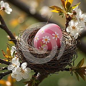 Decorated Easter Egg in a Bird's Nest Among Cherry Blossoms.