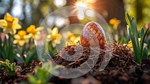 Decorated Easter Egg Nestled In Spring Flowers