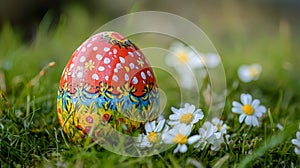 Decorated Easter Egg Rests Among Daisies In Grass