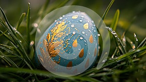 Decorated Easter Egg Rests In Dewy Grass