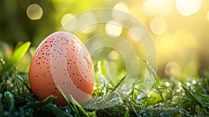 Decorated Easter egg rests in dewy spring grass