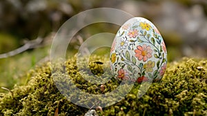 Decorated Easter Egg Rests On Mossy Ground