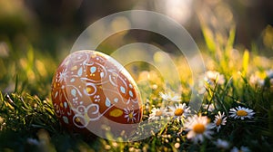 Decorated Easter egg rests in spring grass