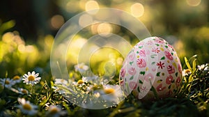 Decorated Easter Egg Rests In Spring Meadow