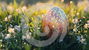 Decorated Easter Egg Rests In Spring Meadow Grass