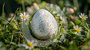 Decorated Easter egg rests in spring meadow grass