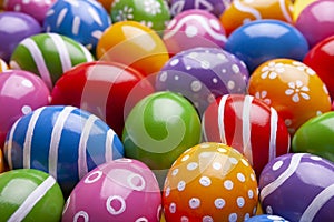 Decorated Easter eggs as background, closeup view