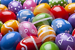 Decorated Easter eggs as background, closeup view. Different colored eggs