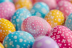 Decorated Easter eggs as background. Closeup view. Generated AI