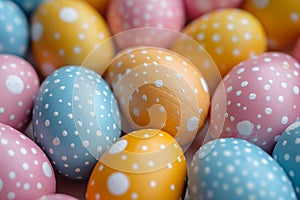 Decorated Easter eggs as background. Closeup view