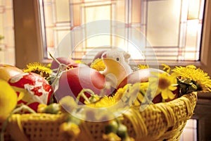 Decorated Easter eggs in basket