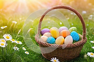 decorated Easter eggs in basket on green grass with spring flowers