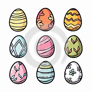 Decorated Easter eggs colorful designs isolated white background. Nine various patterned Easter