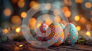 Decorated easter eggs with festive lights - generative ai